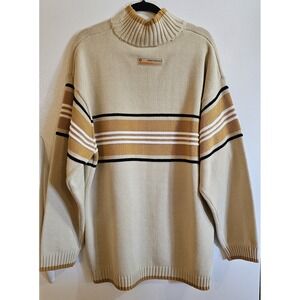Southpole Vintage Beige Mock Neck Sweater with Yellow, White, and Black Stripes.